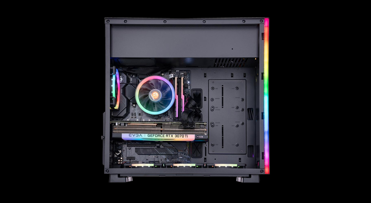 An ABS Gladiator Gaming PC has its transparent side panel removed and facing front.